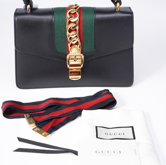 Gucci Black Leather Mini Web Chain Sylvie Top Handle Bag - Picture 16 of 16